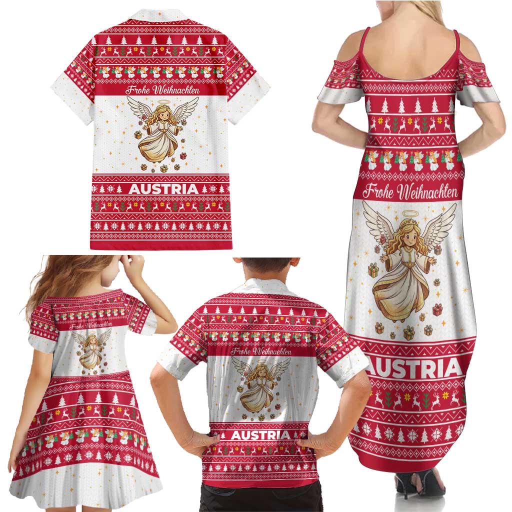Austria Christmas Family Matching Summer Maxi Dress and Hawaiian Shirt with Frohe Weihnachten Angel Design and Red White Holiday - Wonder Print Shop