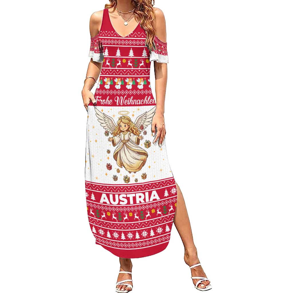 Austria Christmas Family Matching Summer Maxi Dress and Hawaiian Shirt with Frohe Weihnachten Angel Design and Red White Holiday - Wonder Print Shop