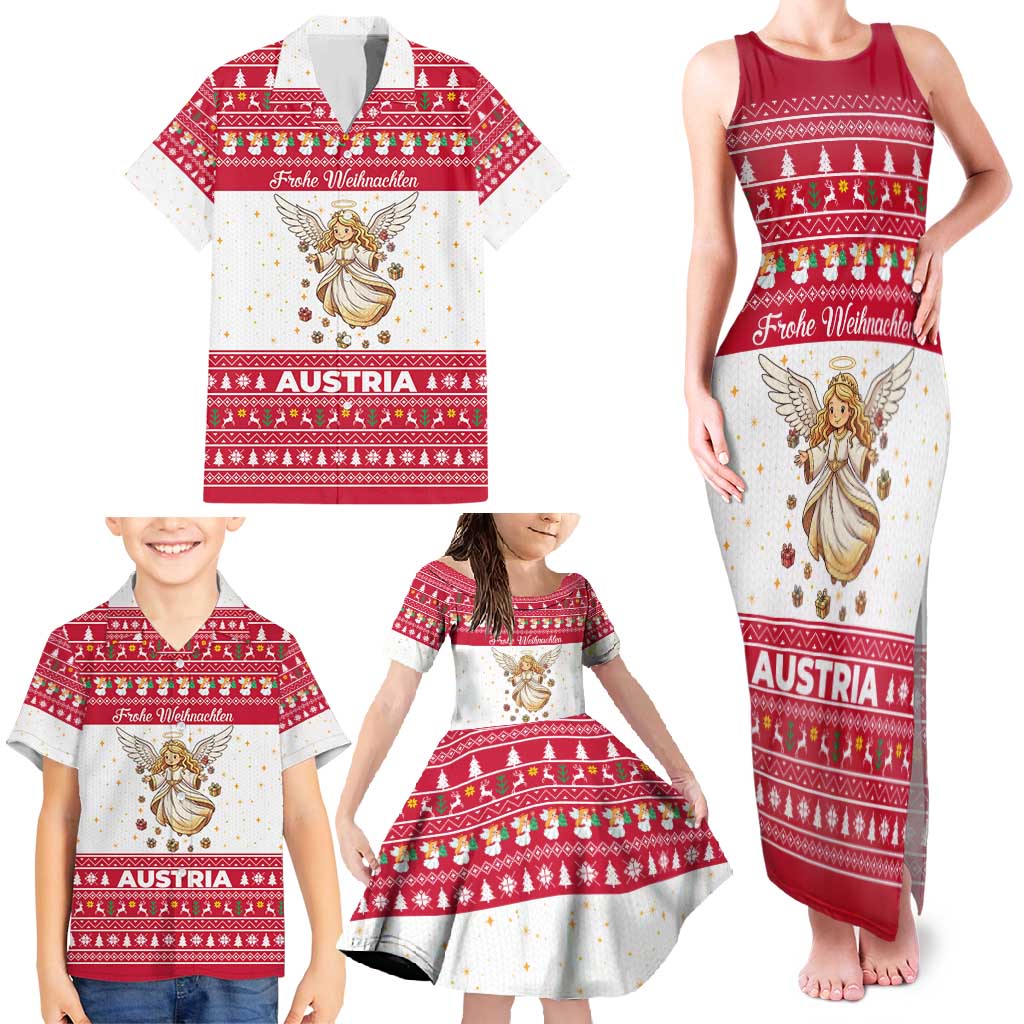 Austria Christmas Family Matching Tank Maxi Dress and Hawaiian Shirt with Frohe Weihnachten Angel Design and Red White Holiday - Wonder Print Shop