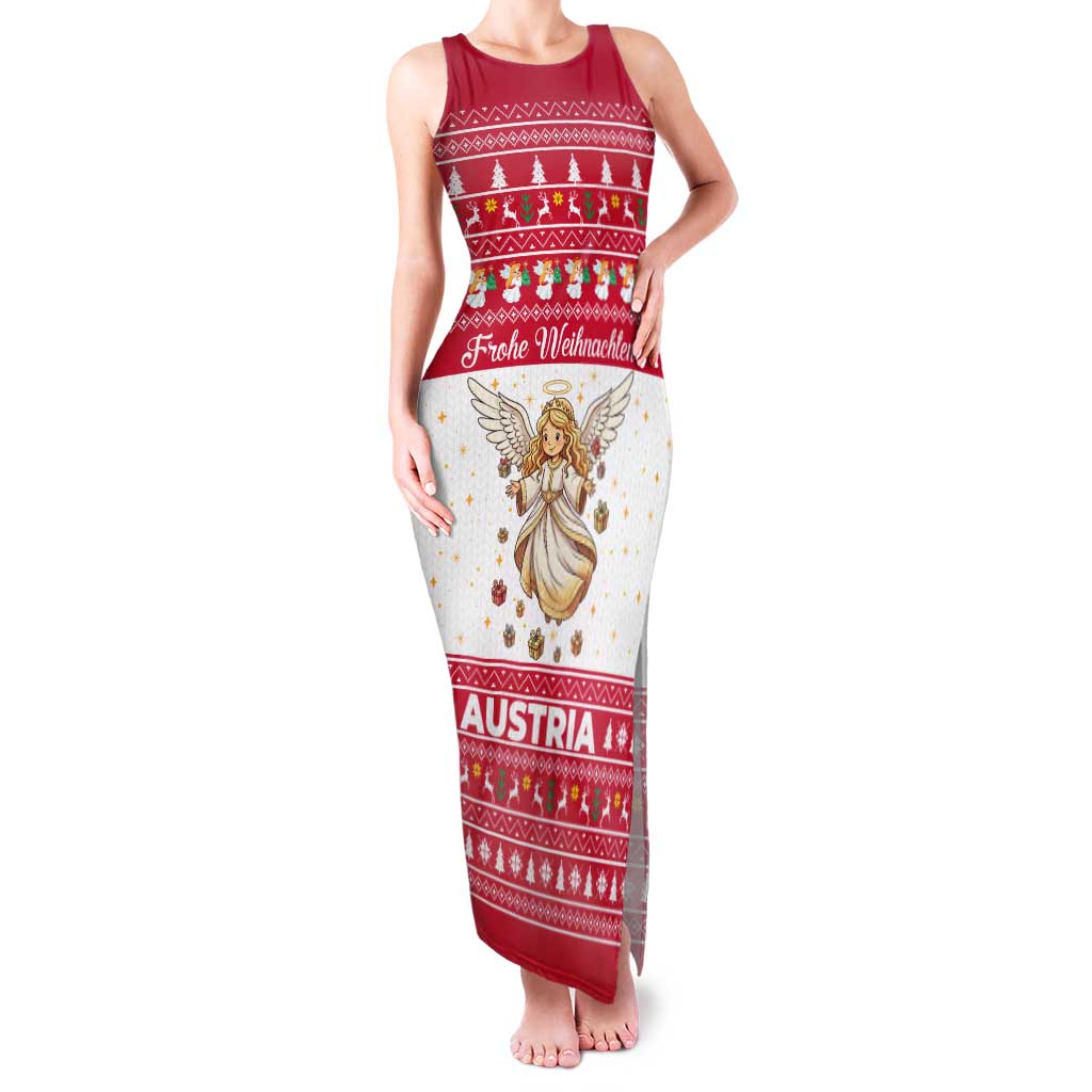 Austria Christmas Family Matching Tank Maxi Dress and Hawaiian Shirt with Frohe Weihnachten Angel Design and Red White Holiday - Wonder Print Shop