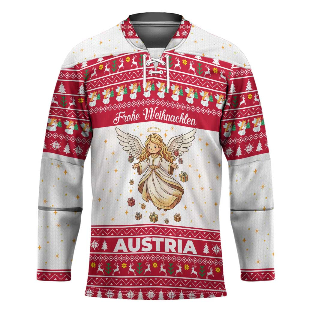 Austria Christmas Hockey Jersey with Frohe Weihnachten Angel Design and Red White Holiday - Wonder Print Shop