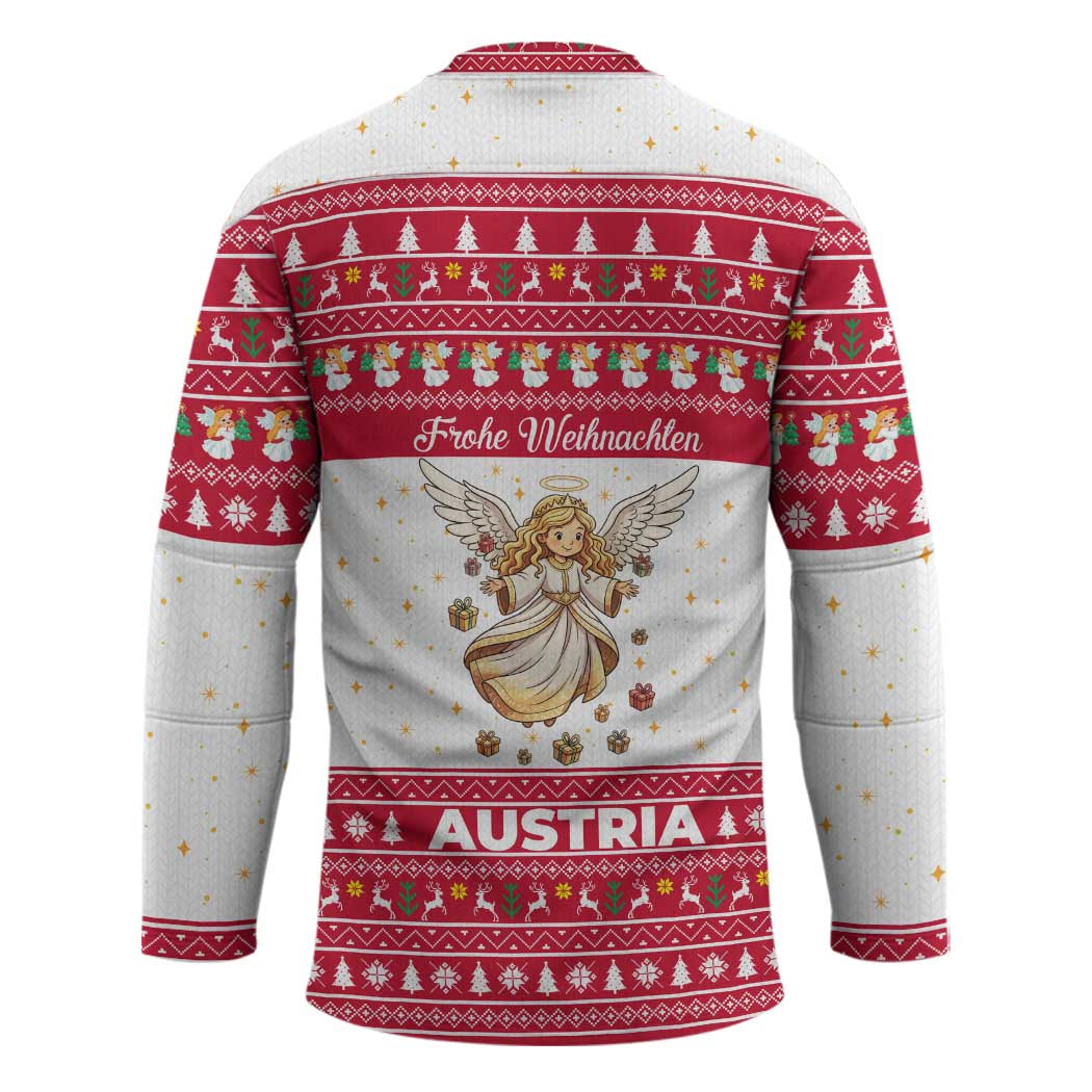 Austria Christmas Hockey Jersey with Frohe Weihnachten Angel Design and Red White Holiday - Wonder Print Shop