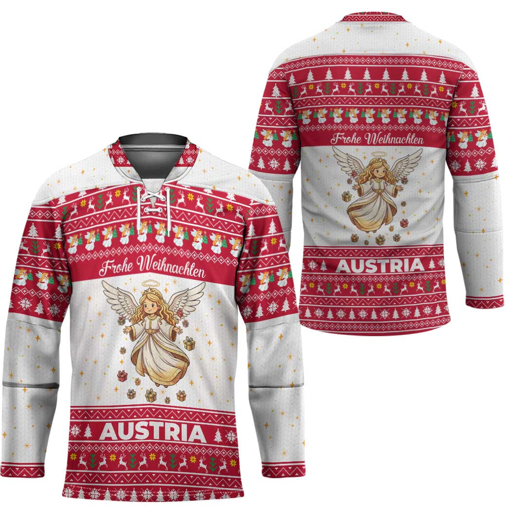 Austria Christmas Hockey Jersey with Frohe Weihnachten Angel Design and Red White Holiday - Wonder Print Shop