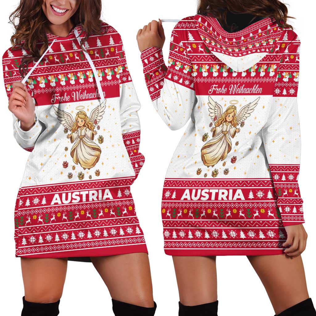 Austria Christmas Hoodie Dress with Frohe Weihnachten Angel Design and Red White Holiday - Wonder Print Shop