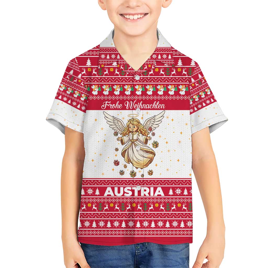 Austria Christmas Kid Hawaiian Shirt with Frohe Weihnachten Angel Design and Red White Holiday - Wonder Print Shop
