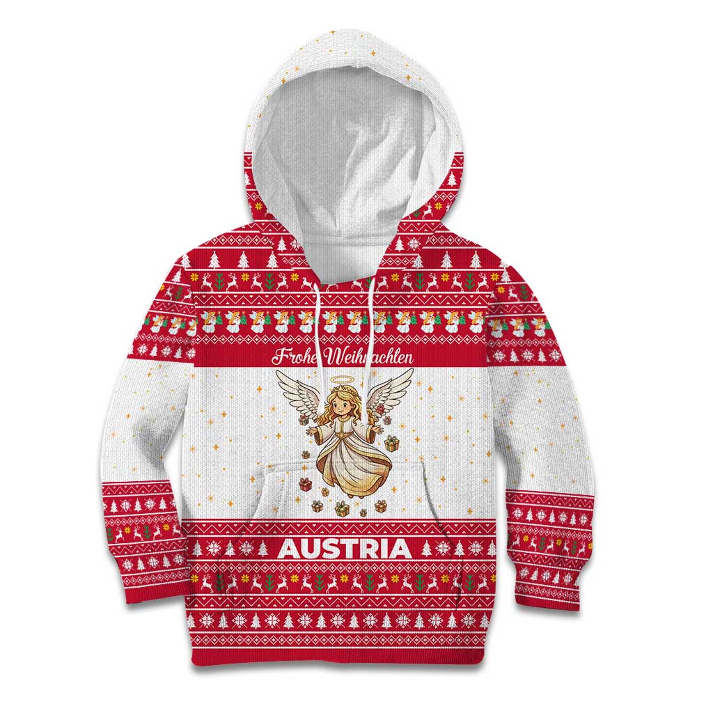 Austria Christmas Kid Hoodie with Frohe Weihnachten Angel Design and Red White Holiday - Wonder Print Shop