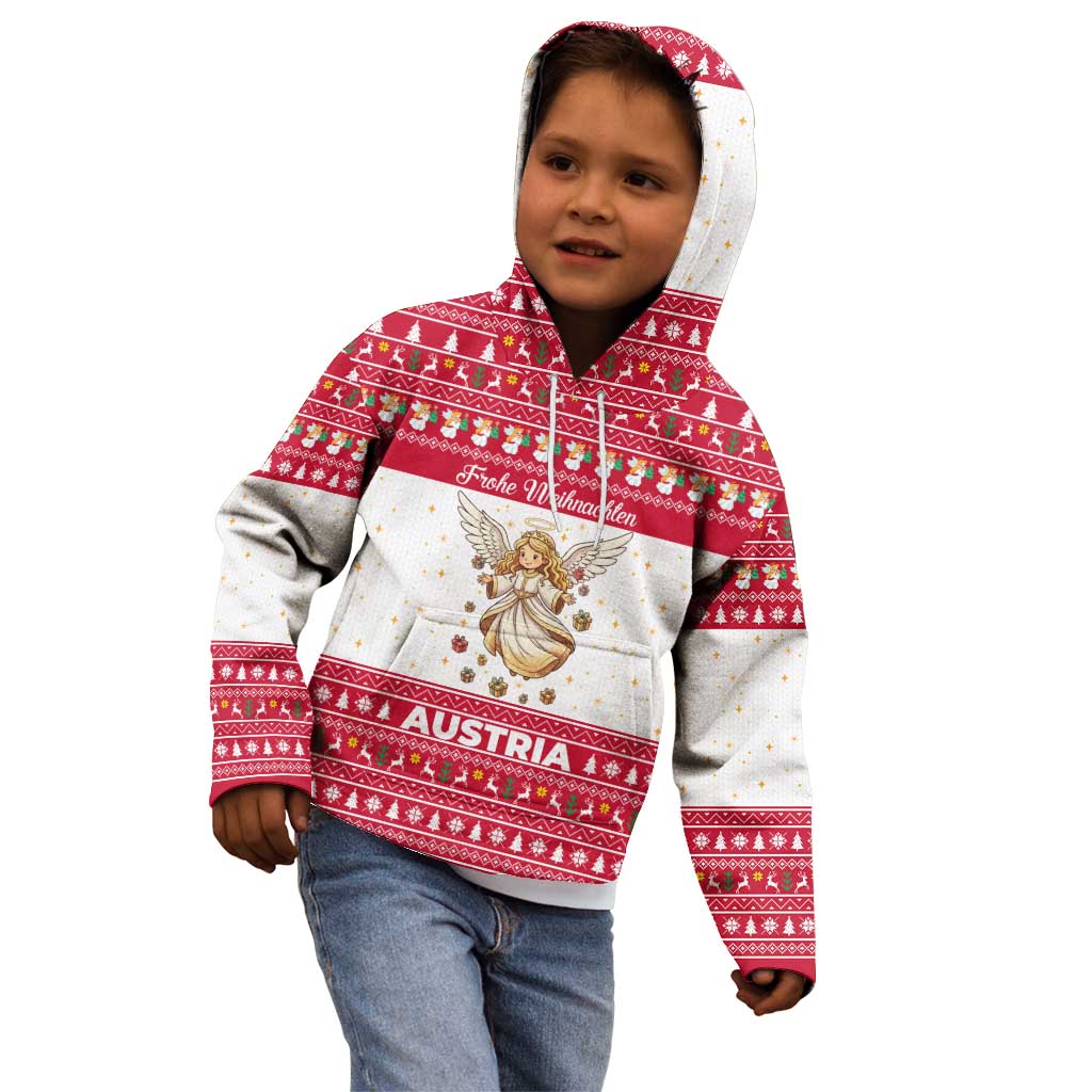 Austria Christmas Kid Hoodie with Frohe Weihnachten Angel Design and Red White Holiday - Wonder Print Shop