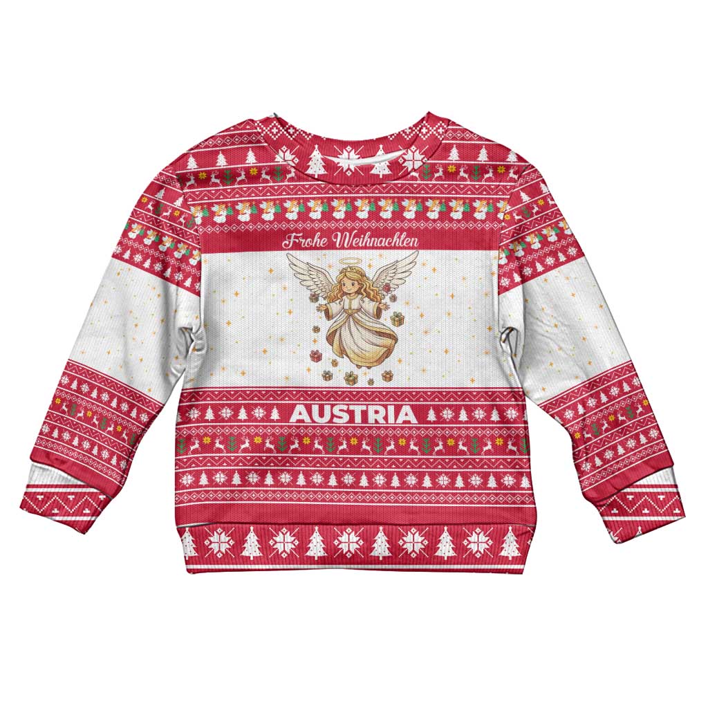 Austria Christmas Kid Ugly Christmas Sweater with Frohe Weihnachten Angel Design and Red White Holiday - Wonder Print Shop