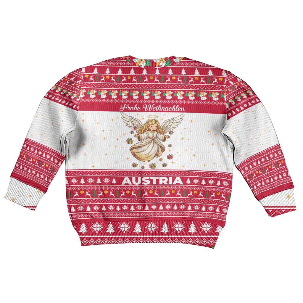 Austria Christmas Kid Ugly Christmas Sweater with Frohe Weihnachten Angel Design and Red White Holiday - Wonder Print Shop