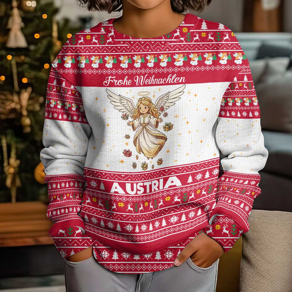 Austria Christmas Kid Ugly Christmas Sweater with Frohe Weihnachten Angel Design and Red White Holiday - Wonder Print Shop