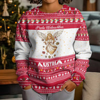 Austria Christmas Kid Ugly Christmas Sweater with Frohe Weihnachten Angel Design and Red White Holiday - Wonder Print Shop
