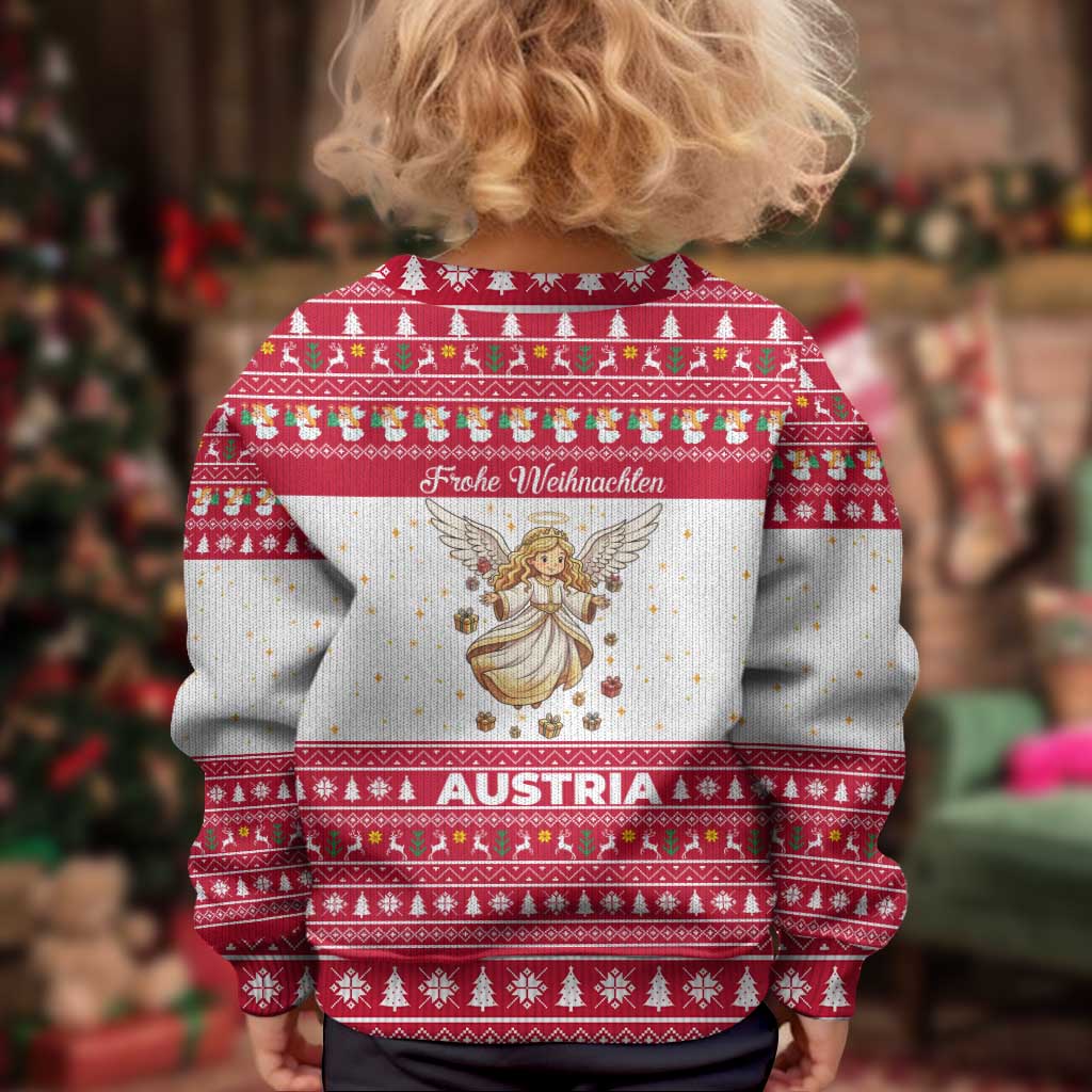 Austria Christmas Kid Ugly Christmas Sweater with Frohe Weihnachten Angel Design and Red White Holiday - Wonder Print Shop