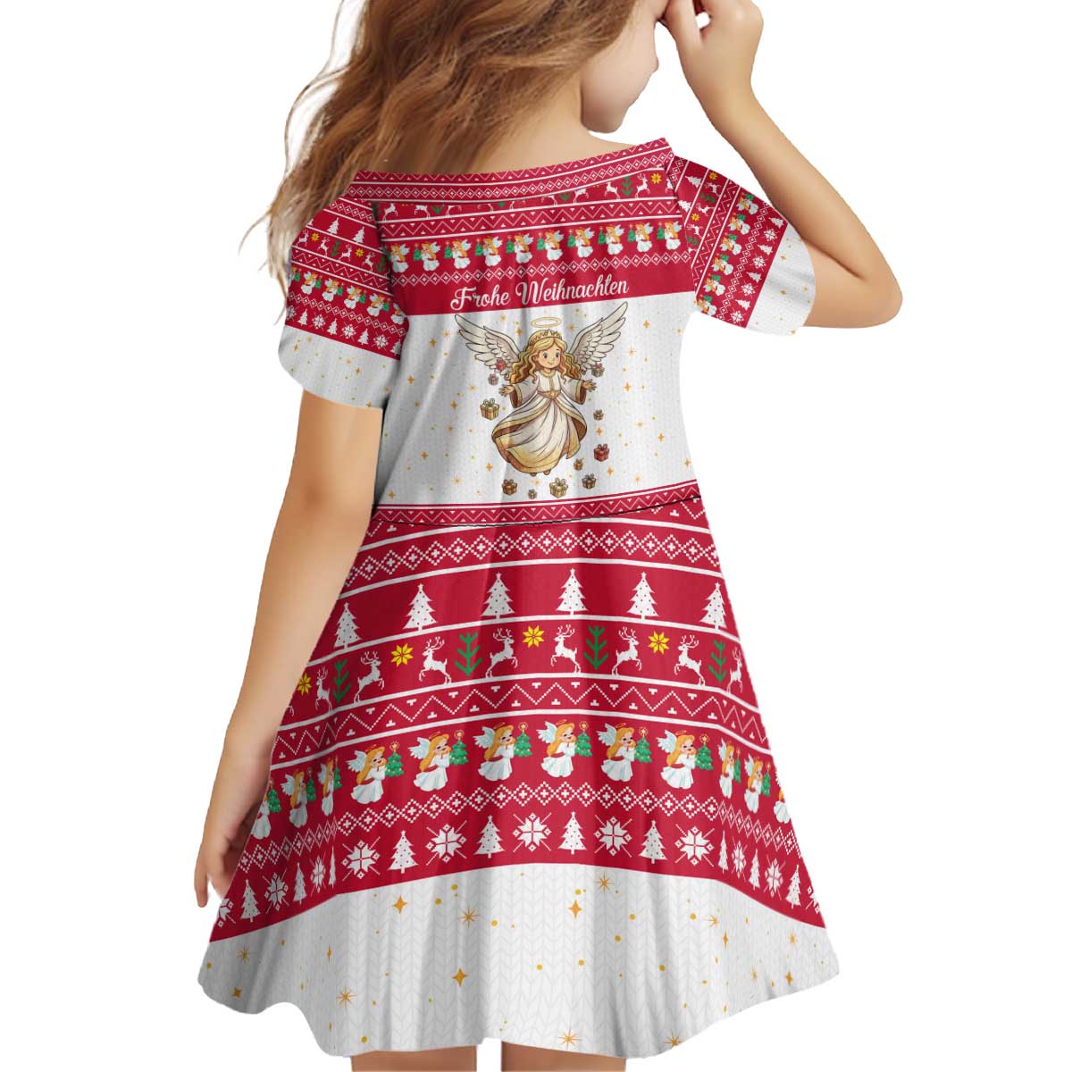 Austria Christmas Kid Short Sleeve Dress with Frohe Weihnachten Angel Design and Red White Holiday - Wonder Print Shop
