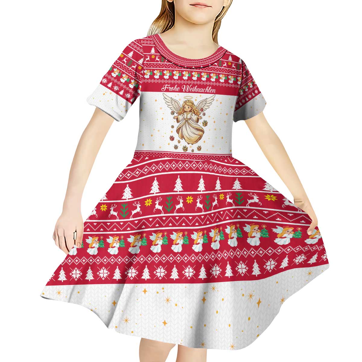 Austria Christmas Kid Short Sleeve Dress with Frohe Weihnachten Angel Design and Red White Holiday - Wonder Print Shop