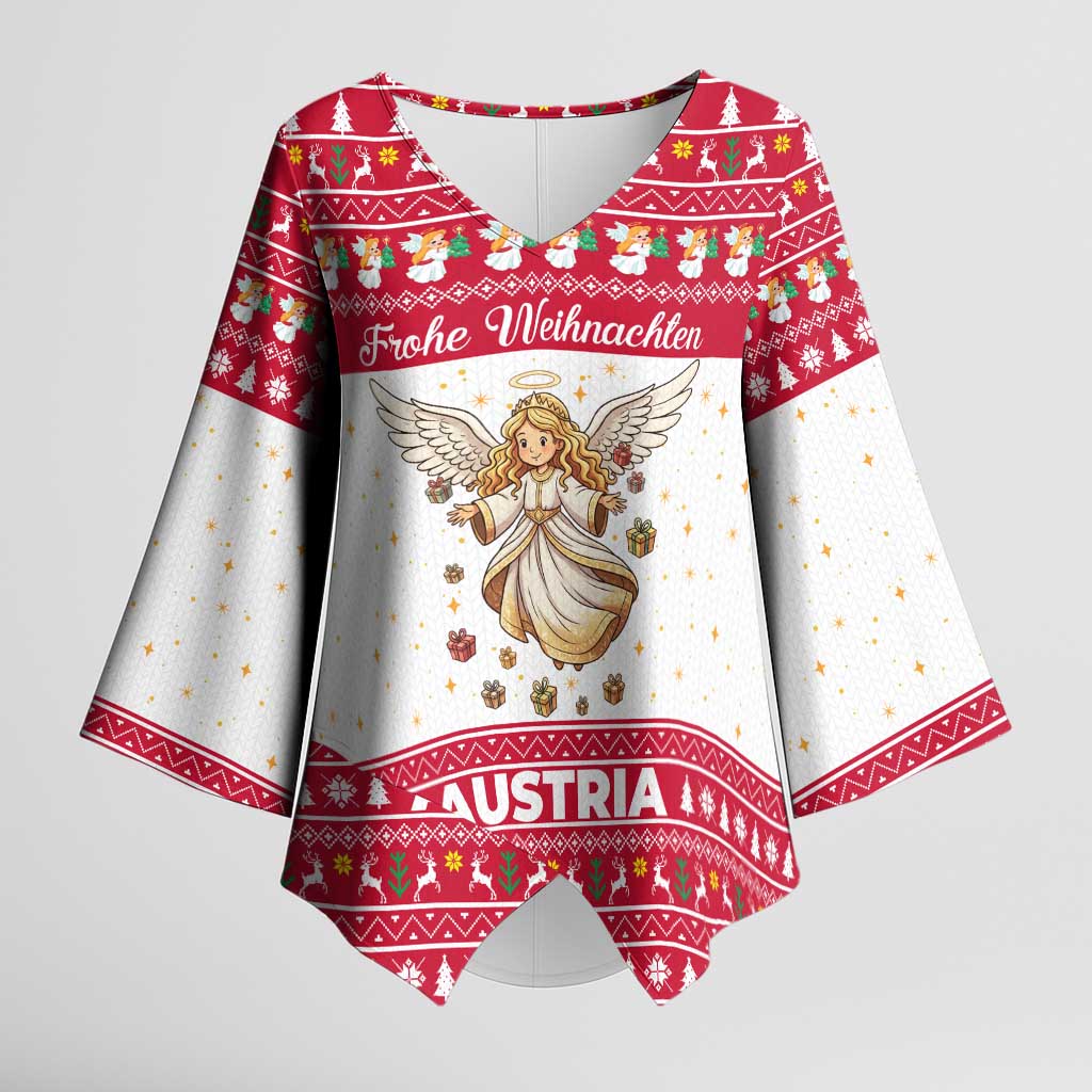 Austria Christmas Kimono Sleeve Blouse with Frohe Weihnachten Angel Design and Red White Holiday - Wonder Print Shop