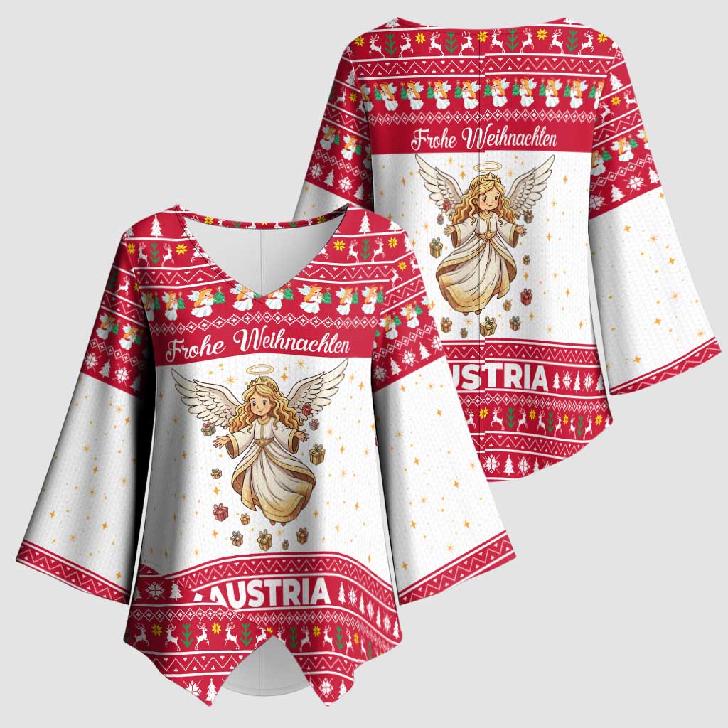 Austria Christmas Kimono Sleeve Blouse with Frohe Weihnachten Angel Design and Red White Holiday - Wonder Print Shop