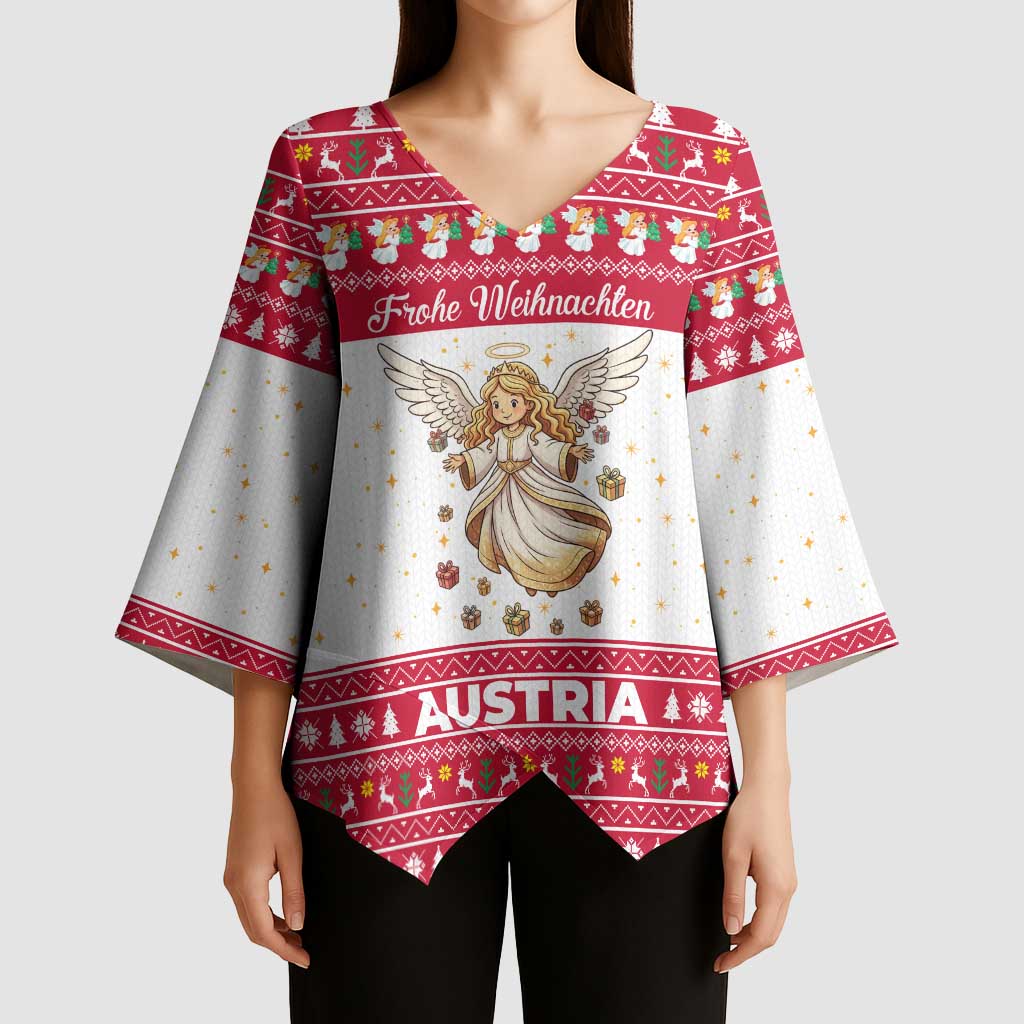 Austria Christmas Kimono Sleeve Blouse with Frohe Weihnachten Angel Design and Red White Holiday - Wonder Print Shop