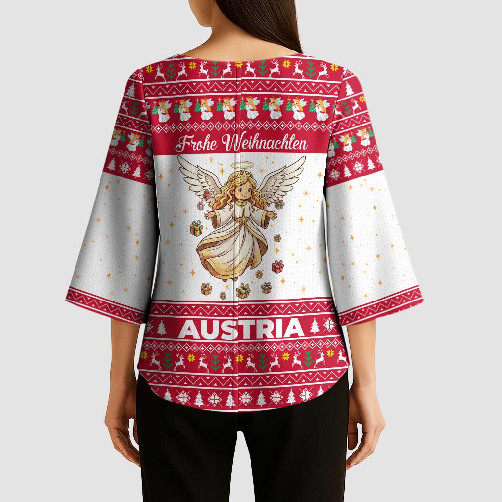 Austria Christmas Kimono Sleeve Blouse with Frohe Weihnachten Angel Design and Red White Holiday - Wonder Print Shop