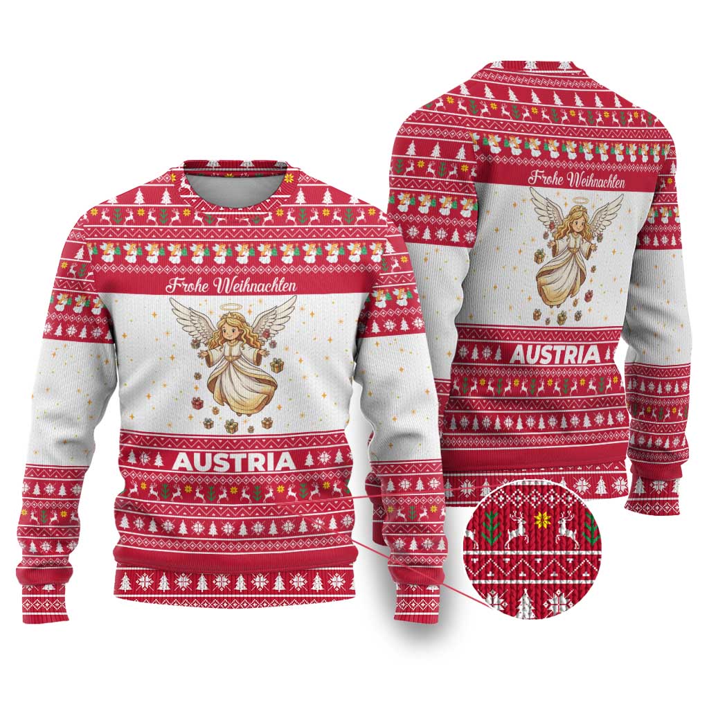Austria Christmas Ugly Christmas Sweater with Frohe Weihnachten Angel Design and Red White Holiday - Wonder Print Shop