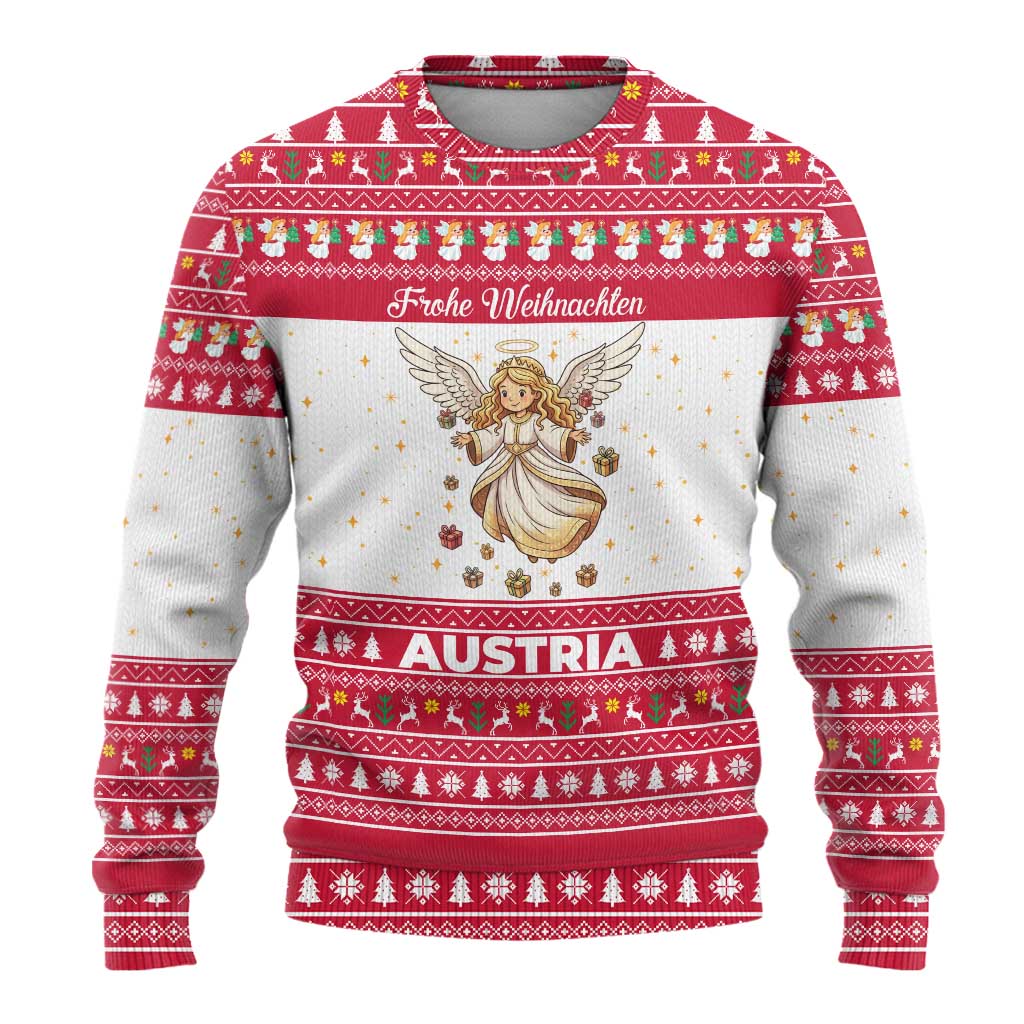 Austria Christmas Ugly Christmas Sweater with Frohe Weihnachten Angel Design and Red White Holiday - Wonder Print Shop