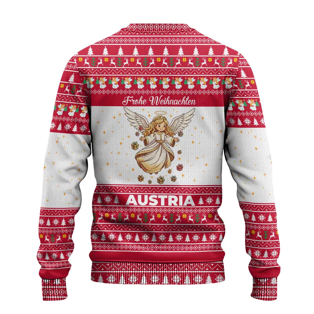 Austria Christmas Ugly Christmas Sweater with Frohe Weihnachten Angel Design and Red White Holiday - Wonder Print Shop