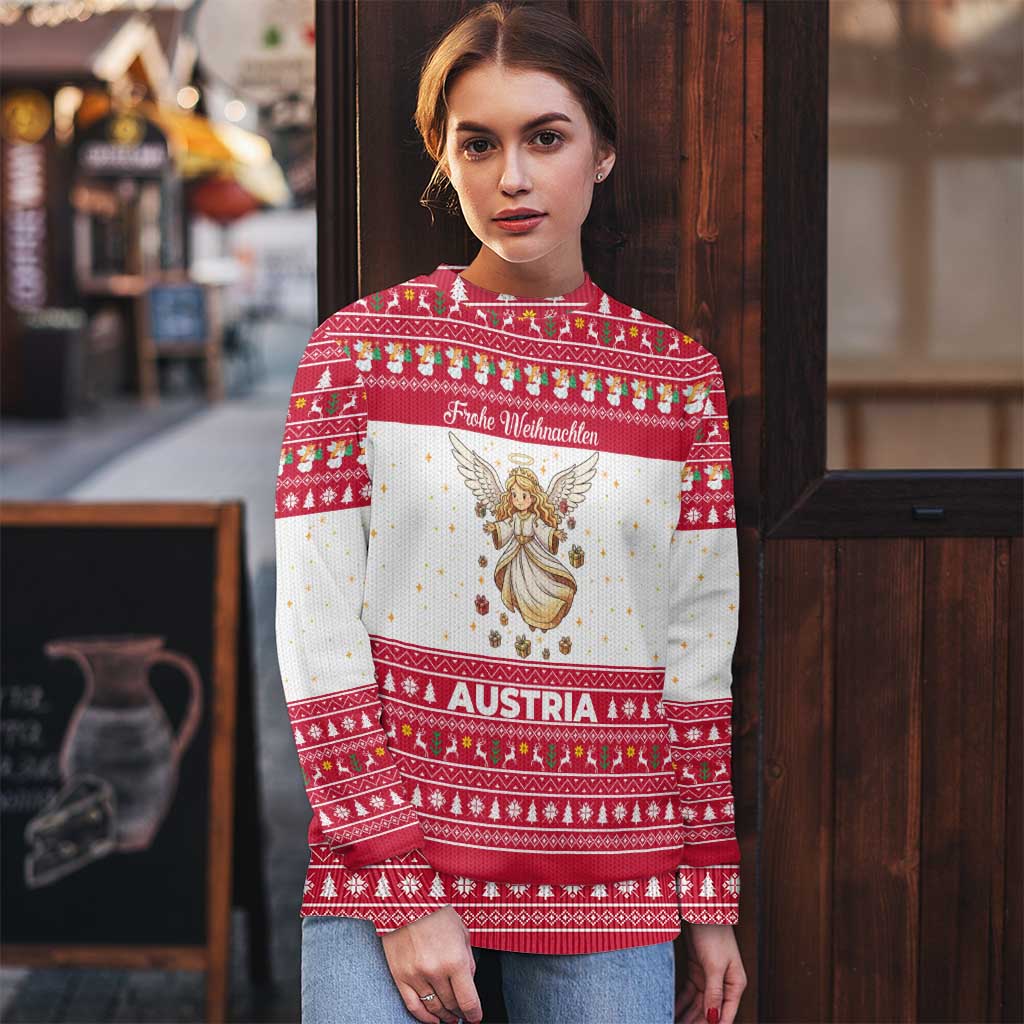 Austria Christmas Ugly Christmas Sweater with Frohe Weihnachten Angel Design and Red White Holiday - Wonder Print Shop