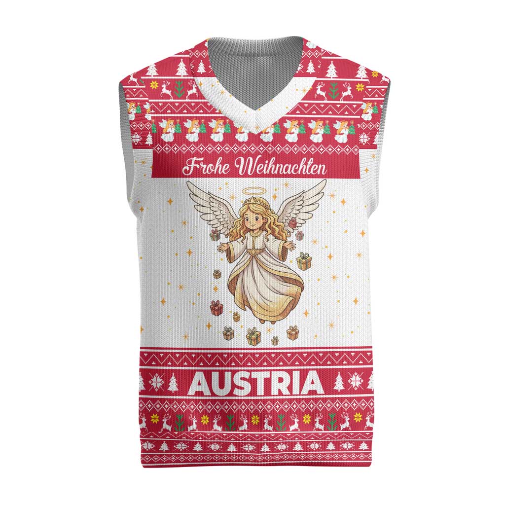 Austria Christmas Knitted V-Neck Vest with Frohe Weihnachten Angel Design and Red White Holiday - Wonder Print Shop