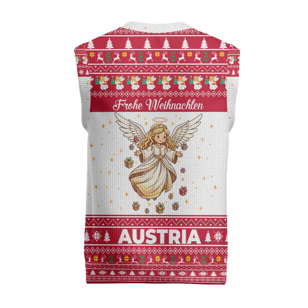 Austria Christmas Knitted V-Neck Vest with Frohe Weihnachten Angel Design and Red White Holiday - Wonder Print Shop
