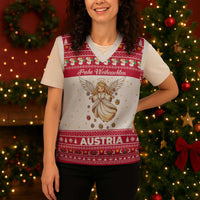 Austria Christmas Knitted V-Neck Vest with Frohe Weihnachten Angel Design and Red White Holiday - Wonder Print Shop