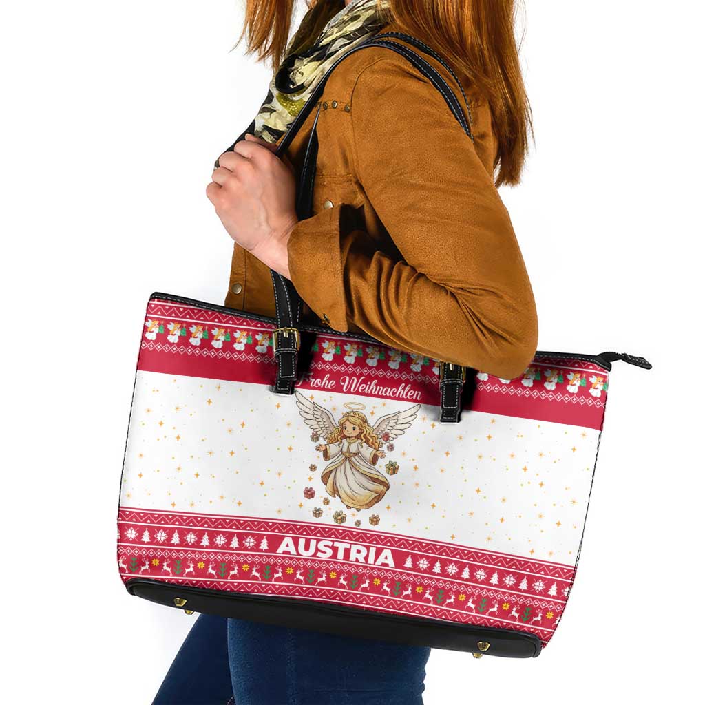Austria Christmas Leather Tote Bag with Frohe Weihnachten Angel Design and Red White Holiday - Wonder Print Shop