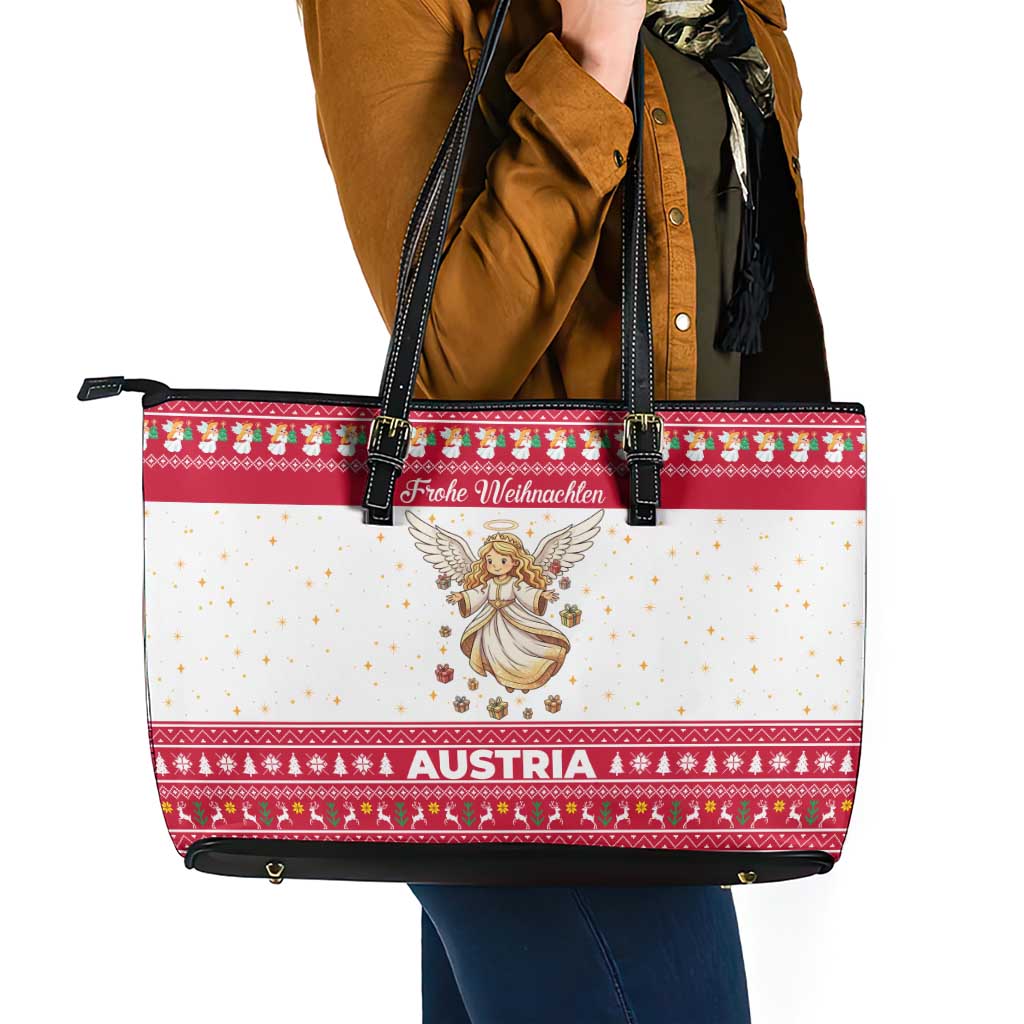 Austria Christmas Leather Tote Bag with Frohe Weihnachten Angel Design and Red White Holiday - Wonder Print Shop