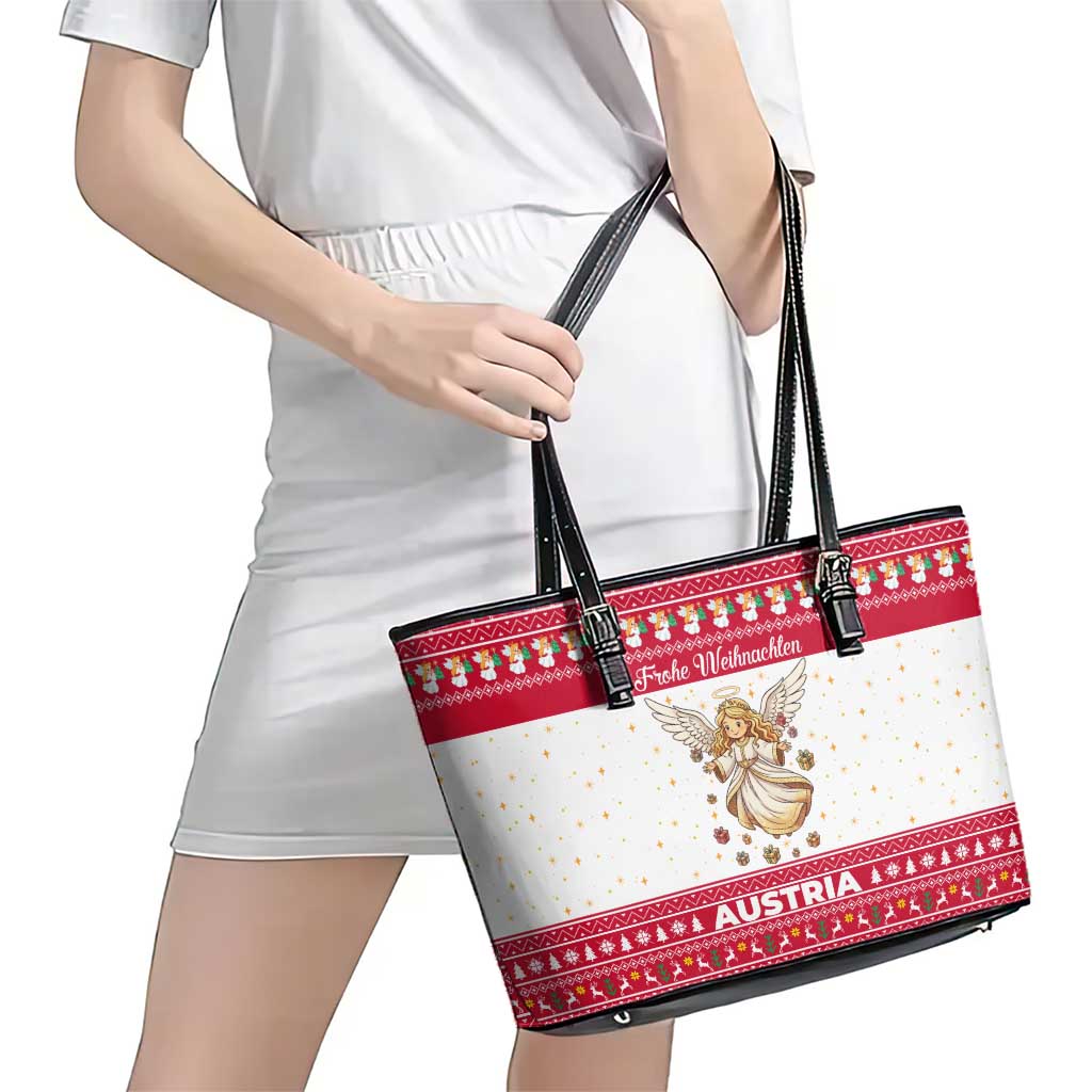 Austria Christmas Leather Tote Bag with Frohe Weihnachten Angel Design and Red White Holiday - Wonder Print Shop