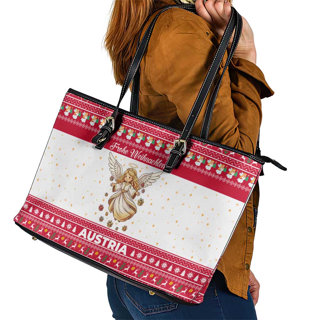 Austria Christmas Leather Tote Bag with Frohe Weihnachten Angel Design and Red White Holiday - Wonder Print Shop