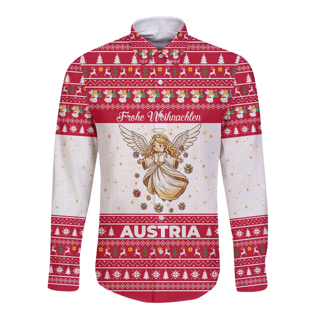 Austria Christmas Long Sleeve Button Shirt with Frohe Weihnachten Angel Design and Red White Holiday - Wonder Print Shop