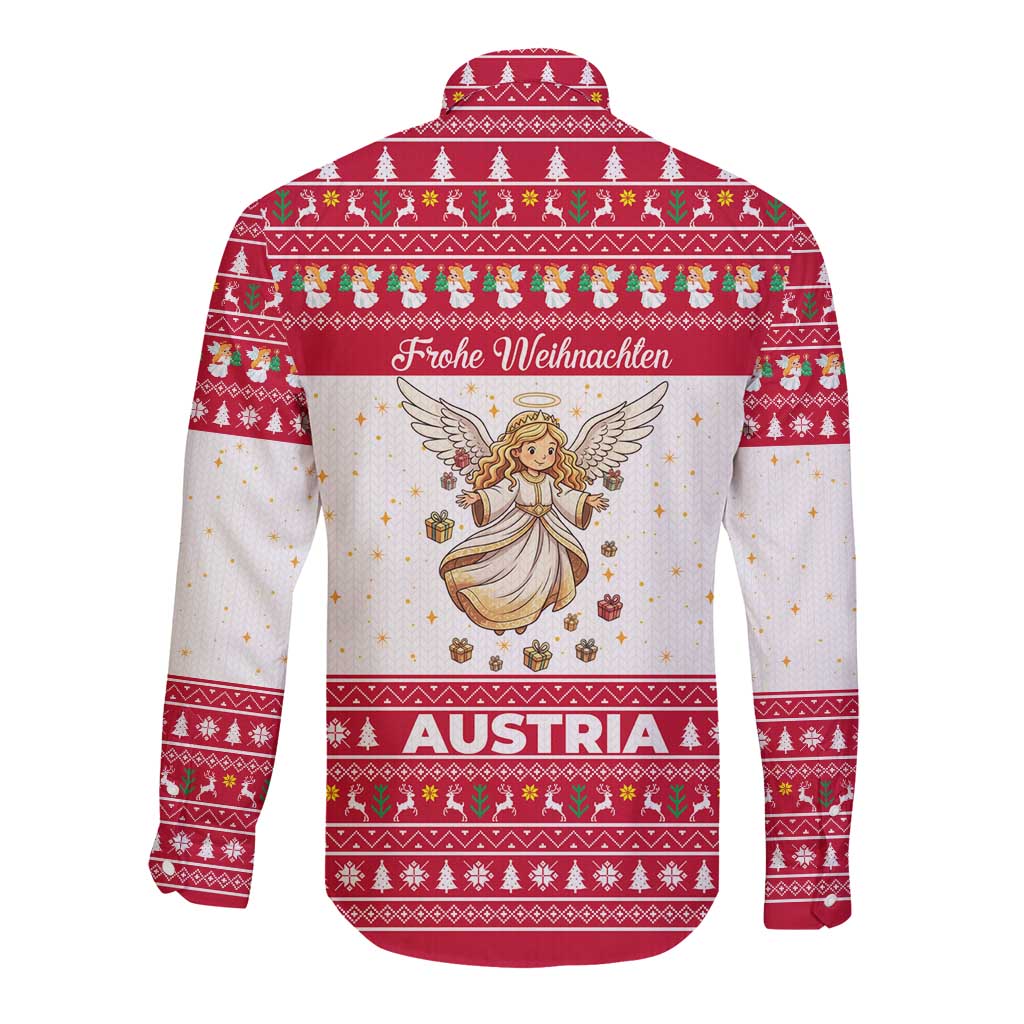 Austria Christmas Long Sleeve Button Shirt with Frohe Weihnachten Angel Design and Red White Holiday - Wonder Print Shop