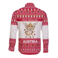 Austria Christmas Long Sleeve Button Shirt with Frohe Weihnachten Angel Design and Red White Holiday - Wonder Print Shop