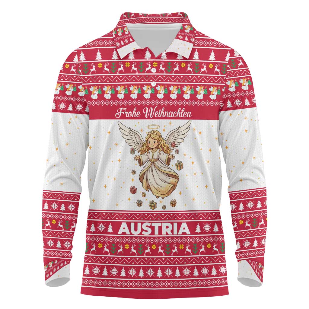 Austria Christmas Long Sleeve Polo Shirt with Frohe Weihnachten Angel Design and Red White Holiday - Wonder Print Shop