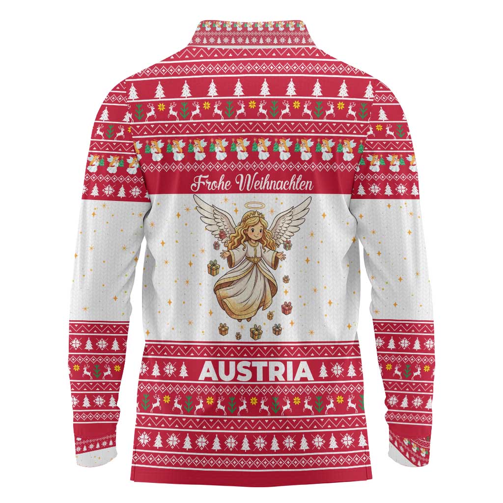 Austria Christmas Long Sleeve Polo Shirt with Frohe Weihnachten Angel Design and Red White Holiday - Wonder Print Shop
