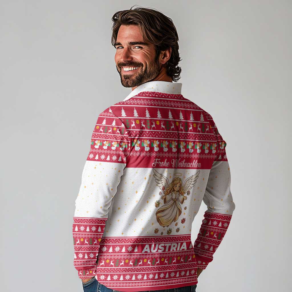 Austria Christmas Long Sleeve Polo Shirt with Frohe Weihnachten Angel Design and Red White Holiday - Wonder Print Shop