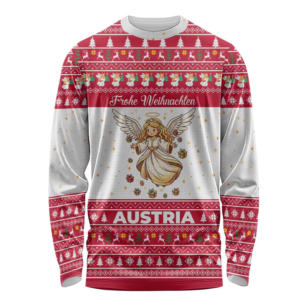 Austria Christmas Long Sleeve Shirt with Frohe Weihnachten Angel Design and Red White Holiday - Wonder Print Shop
