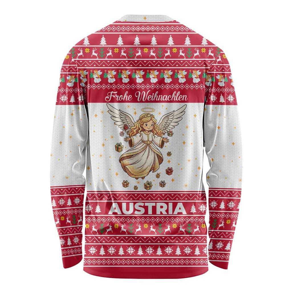 Austria Christmas Long Sleeve Shirt with Frohe Weihnachten Angel Design and Red White Holiday - Wonder Print Shop