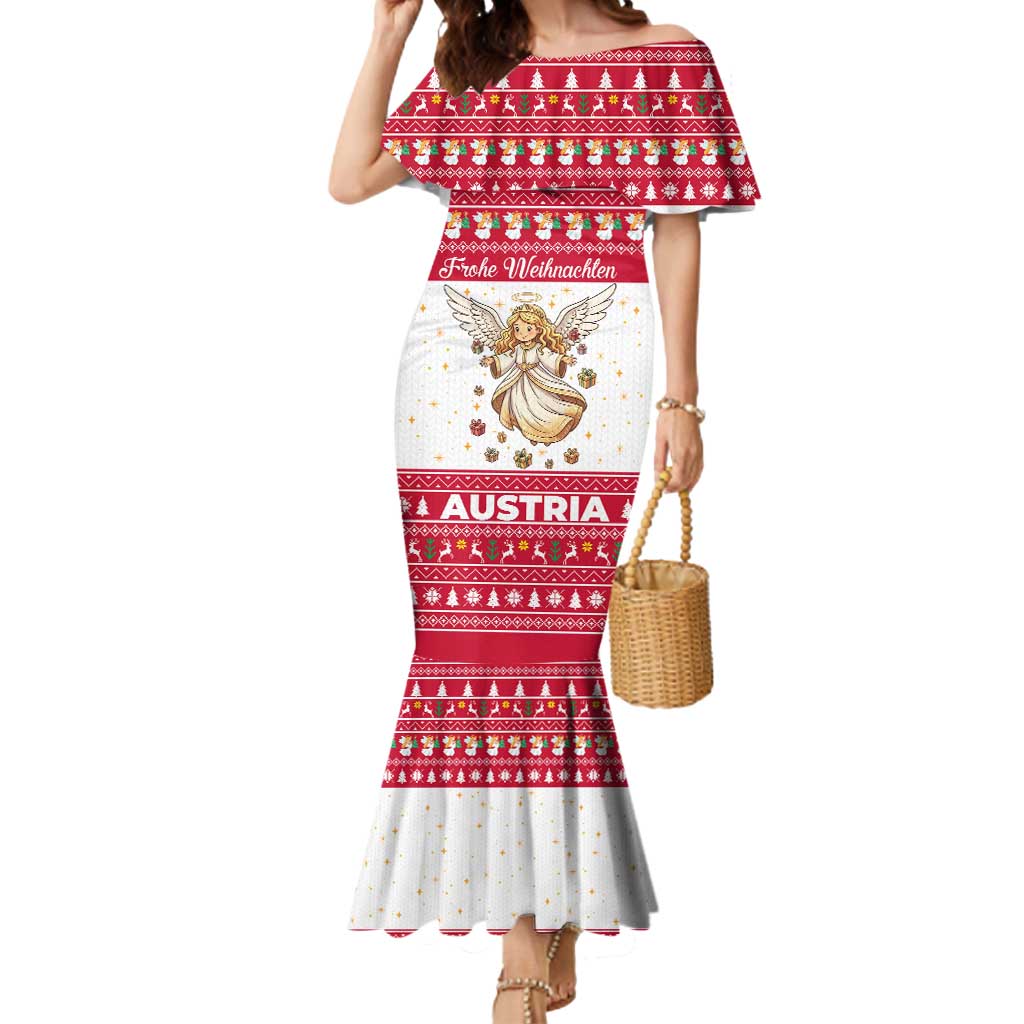 Austria Christmas Mermaid Dress with Frohe Weihnachten Angel Design and Red White Holiday - Wonder Print Shop