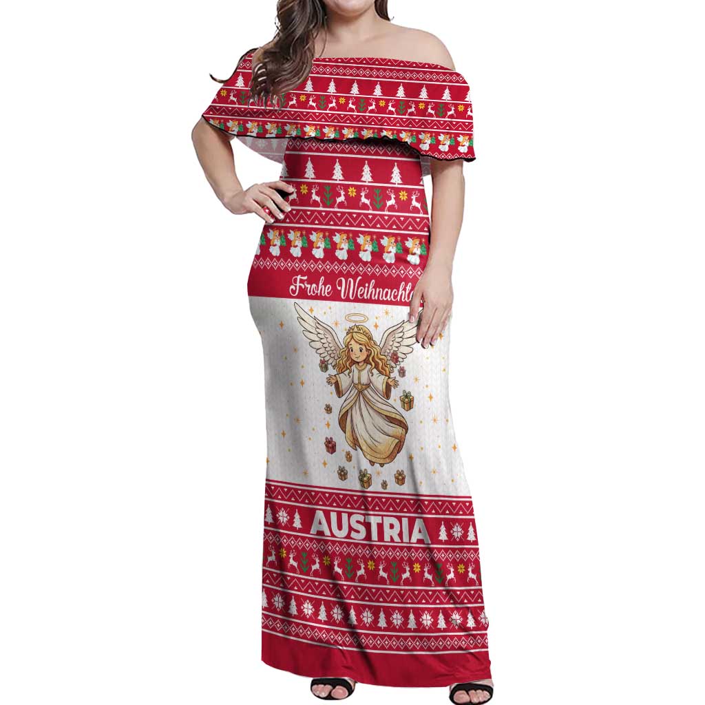 Austria Christmas Off Shoulder Maxi Dress with Frohe Weihnachten Angel Design and Red White Holiday - Wonder Print Shop