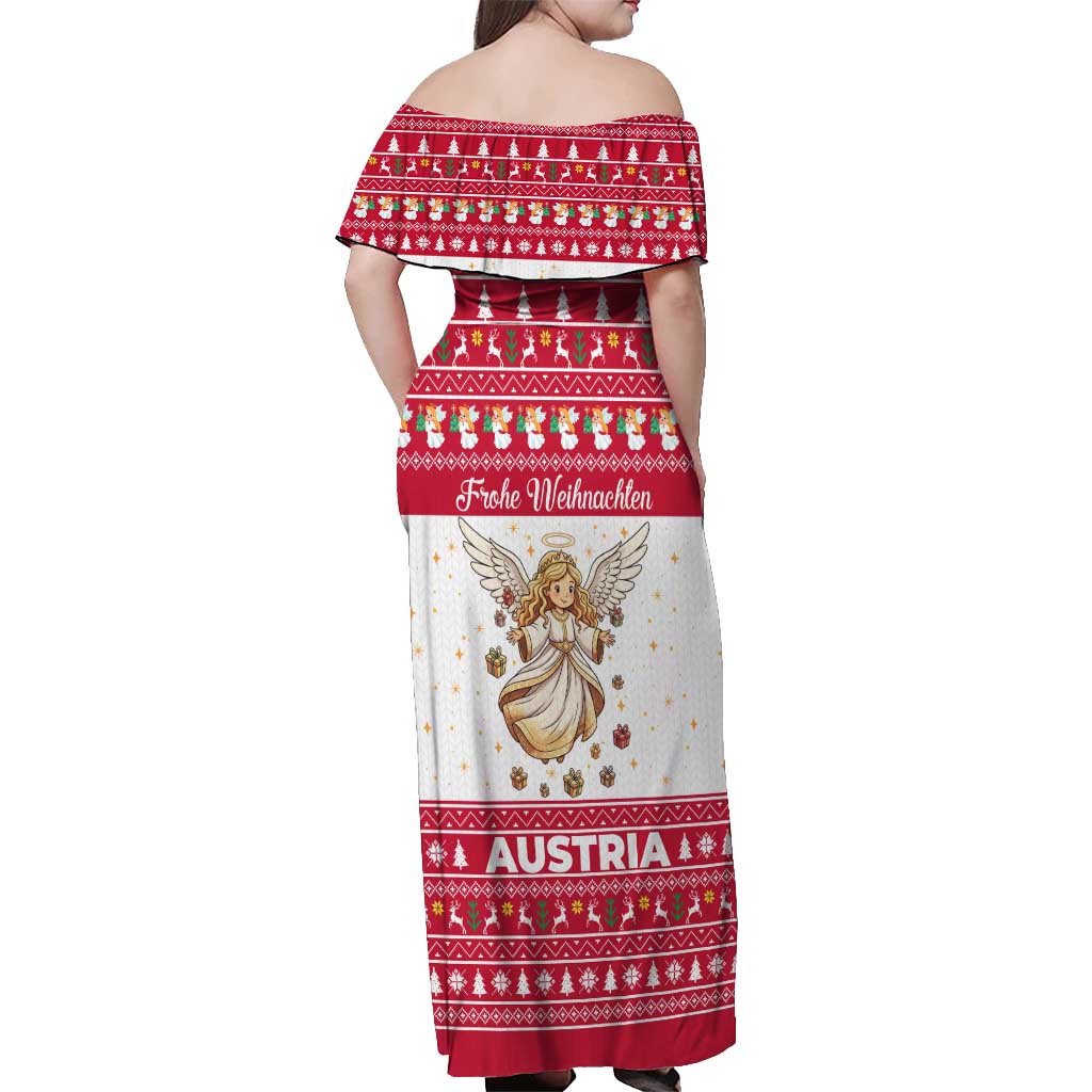 Austria Christmas Off Shoulder Maxi Dress with Frohe Weihnachten Angel Design and Red White Holiday - Wonder Print Shop