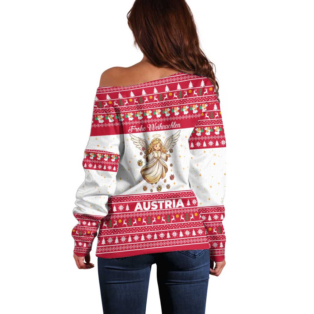 Austria Christmas Off Shoulder Sweater with Frohe Weihnachten Angel Design and Red White Holiday - Wonder Print Shop