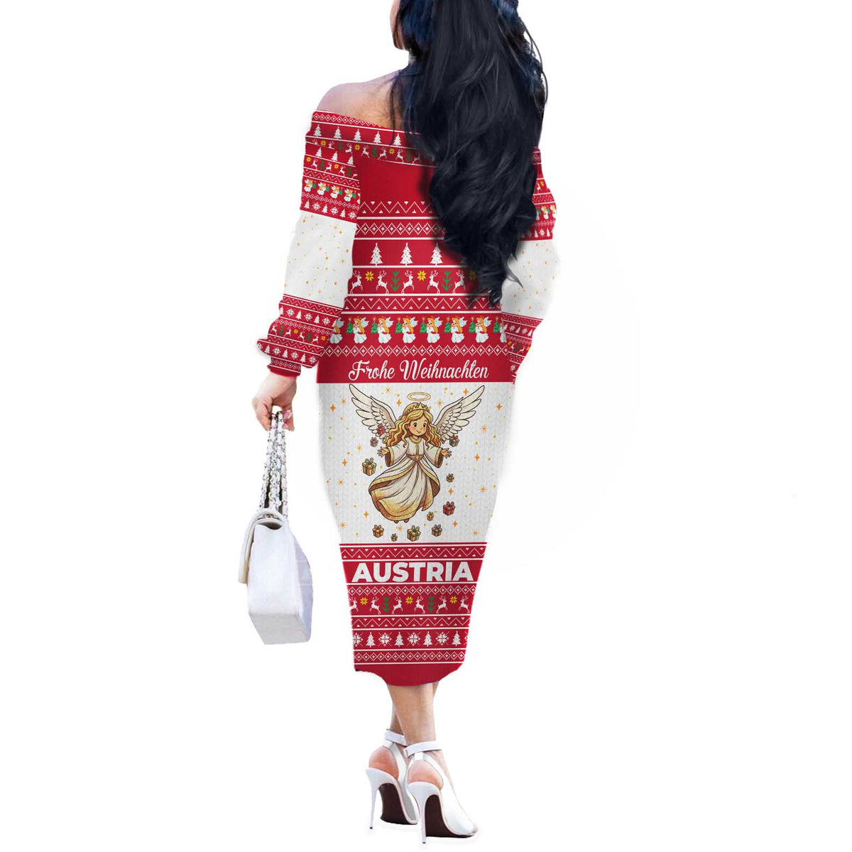 Austria Christmas Off The Shoulder Long Sleeve Dress with Frohe Weihnachten Angel Design and Red White Holiday - Wonder Print Shop