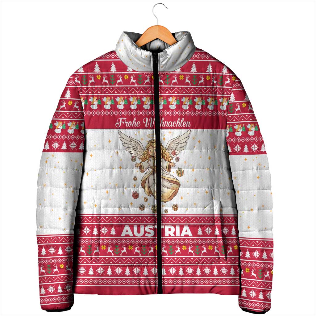 Austria Christmas Padded Jacket with Frohe Weihnachten Angel Design and Red White Holiday - Wonder Print Shop