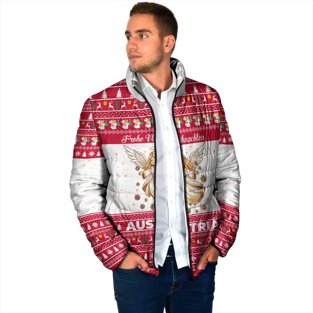 Austria Christmas Padded Jacket with Frohe Weihnachten Angel Design and Red White Holiday - Wonder Print Shop