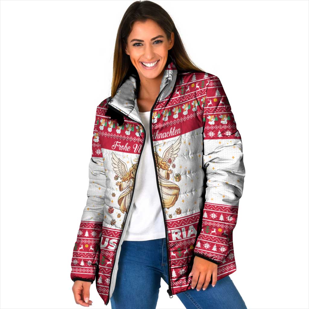 Austria Christmas Padded Jacket with Frohe Weihnachten Angel Design and Red White Holiday - Wonder Print Shop