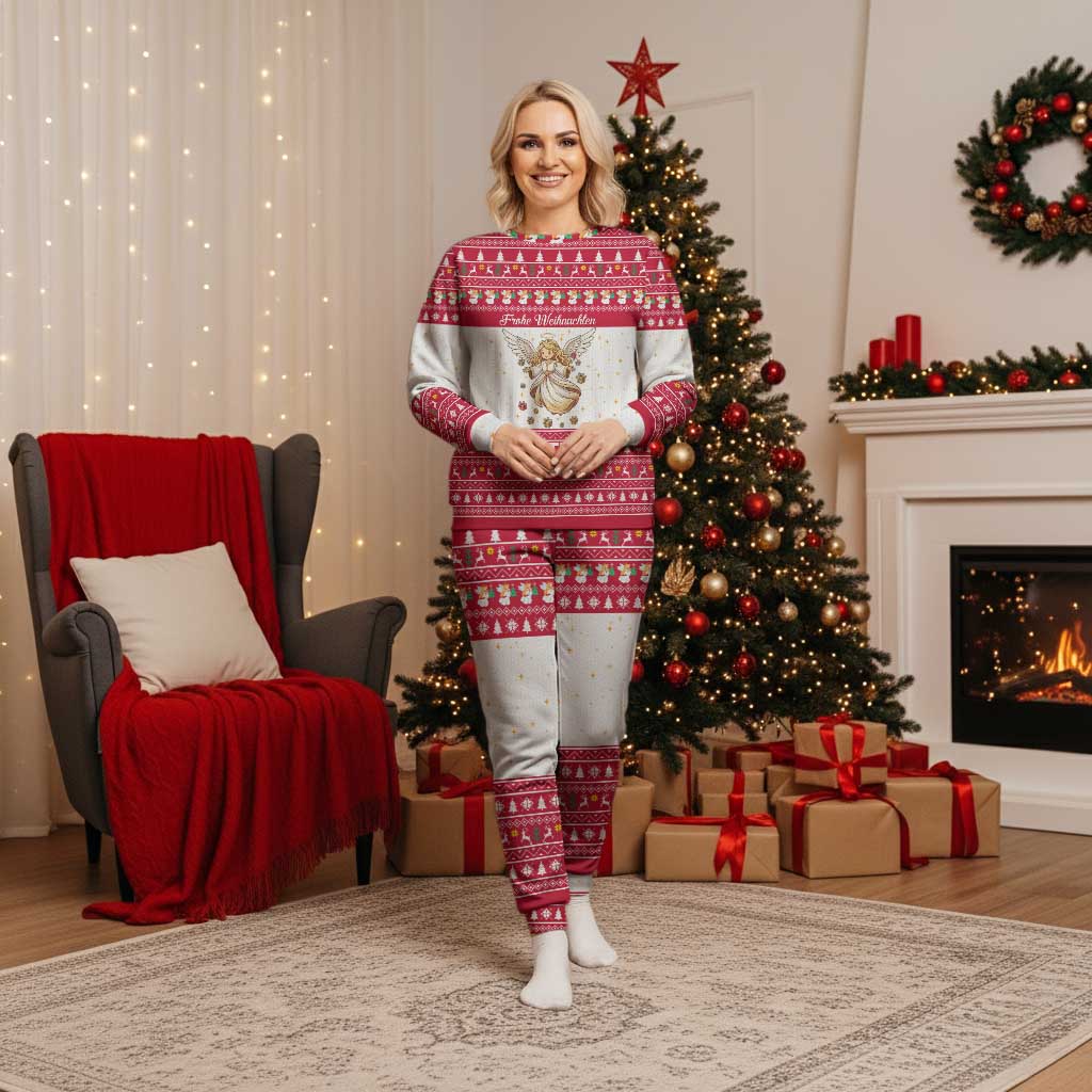 Austria Christmas Pajama Set with Frohe Weihnachten Angel Design and Red White Holiday - Wonder Print Shop